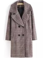 Romwe Lapel Plaid Double Breasted Brown Coat