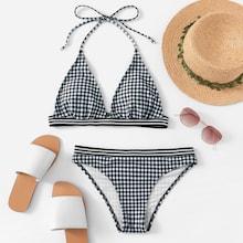 Romwe Random Gingham Halter Bikini Set
