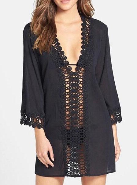 Romwe Deep V Neck Hollow Beach Black Dress