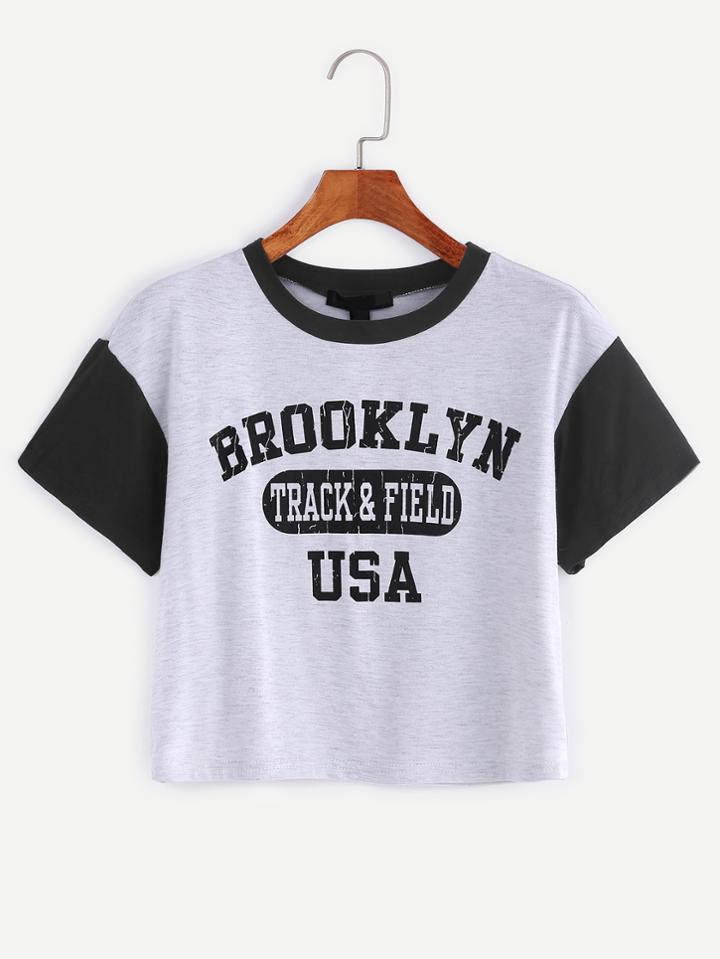 Romwe Grey Contrast Trim Letter Print Crop T-shirt