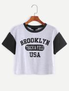 Romwe Grey Contrast Trim Letter Print Crop T-shirt