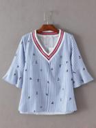 Romwe Blue V Neck Ruffle Sleeve Stripe Blouse
