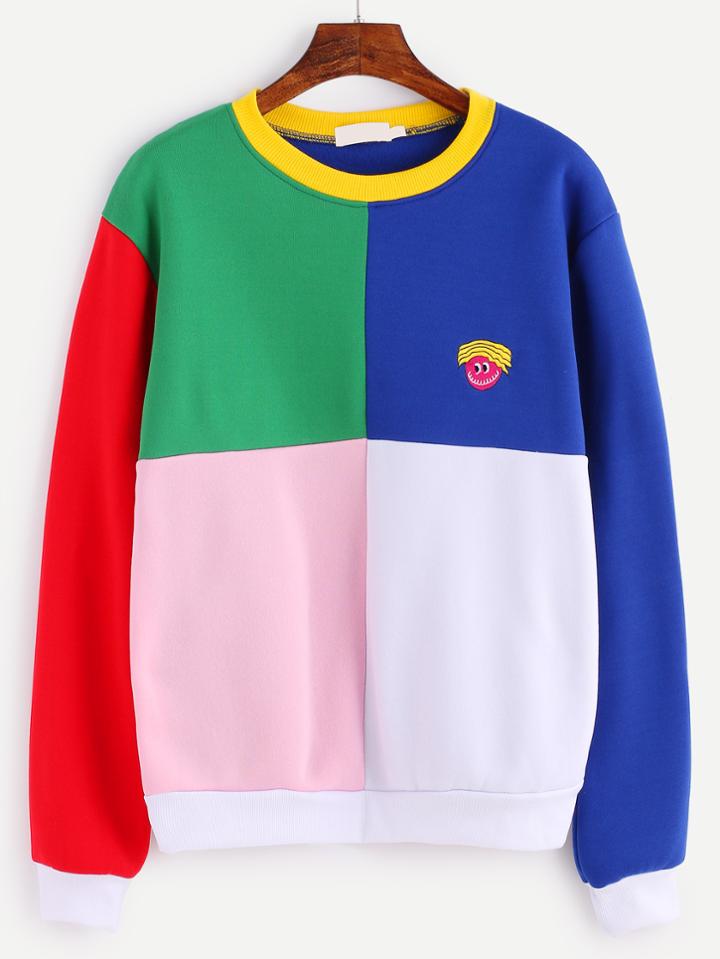Romwe Color Block Cartoon Embroidery Sweatshirt