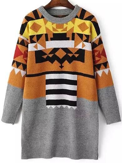 Romwe Geometric Print Color-block Loose Sweater Dress