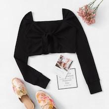 Romwe Knot Front Solid Crop Tee