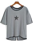 Romwe Star Print Striped Split T-shirt