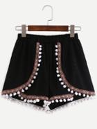 Romwe Pom Pom Trimmed Embroidered Shorts - Black