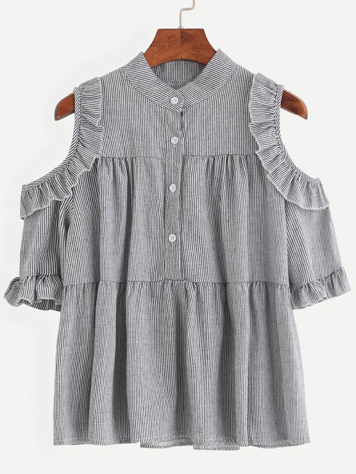 Romwe Black Vertical Striped Ruffled Open Shoulder Blouse