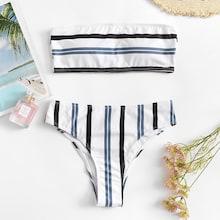 Romwe Striped Print Bandeau Top With Seam Detail Bikini