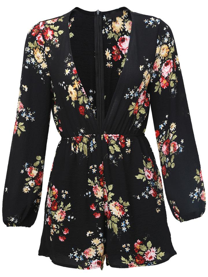 Romwe Black V Neck Floral Jumpsuit