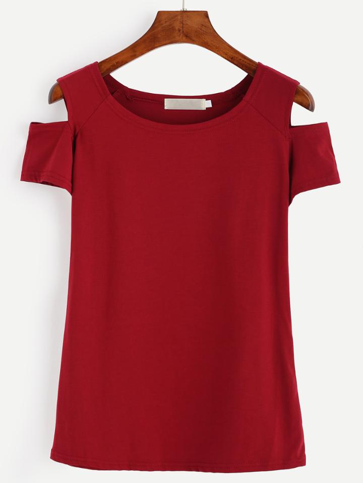 Romwe Burgundy Open Shoulder T-shirt