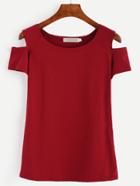 Romwe Burgundy Open Shoulder T-shirt