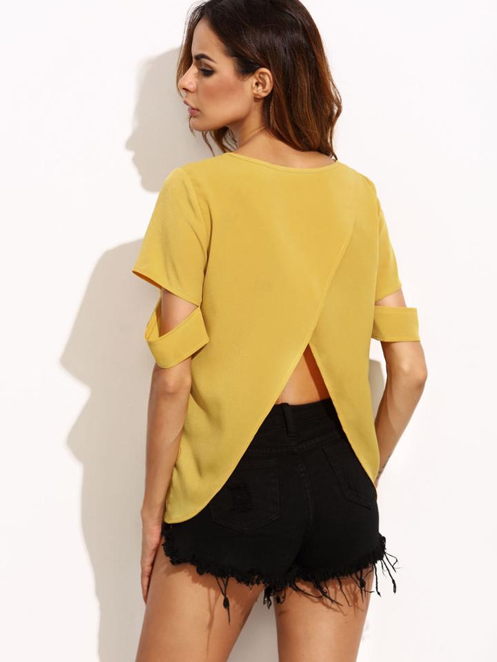 Romwe Cross Back Ripped Sleeve Top