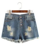 Romwe Buttoned Fly Ripped Denim Shorts