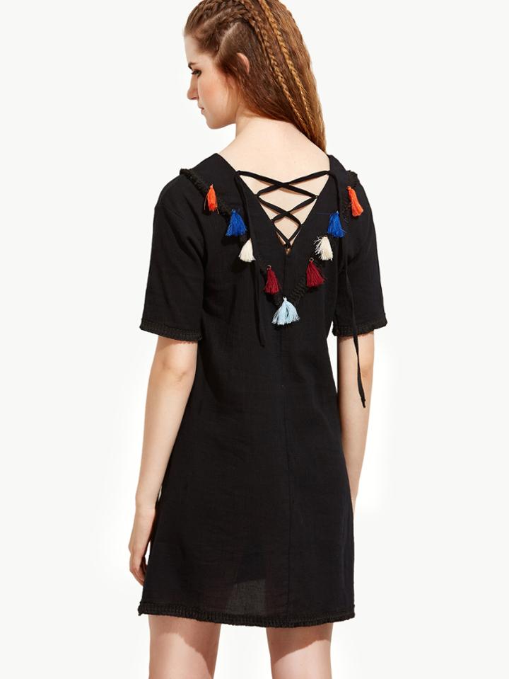 Romwe Black Fringe Lace And Tassel Detail Lace Up Dress