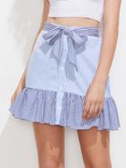 Romwe Self Belted Frill Trim Mixed Stripe Skirt