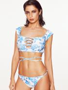 Romwe Light Blue Floral Print Criss Cross Cutout Bikini Set