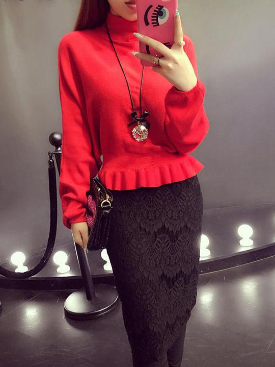 Romwe Red Ruffle Embellished Lace Hem Dress