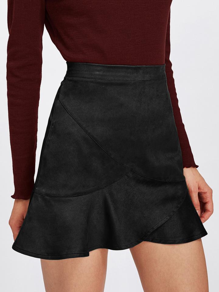 Romwe Ruffle Hem Zip Back Suede Skirt