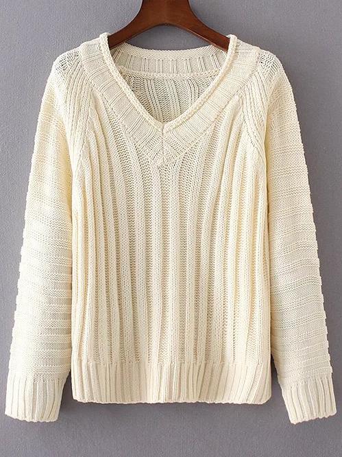 Romwe Beige V Neck Loose Sweater