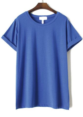 Romwe Cuffed Loose Royal Blue T-shirt