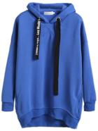 Romwe Royal Blue High Low Hooded Sweatshirt With Printed Drawstring