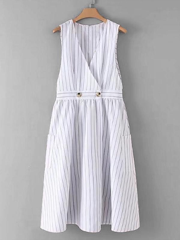 Romwe Double Button Surplice Striped Dress