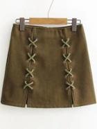 Romwe Army Green Lace Up Detail Back Zipper Skirt