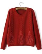 Romwe Embroidered Cable Knit Wine Red Sweater