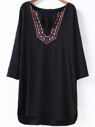 Romwe Embroidered Lace Up Split Side Dress