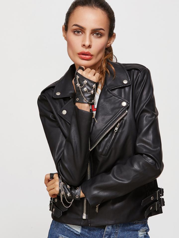 Romwe Black Fingerless Rivet And Chain Embellished Stage Gloves