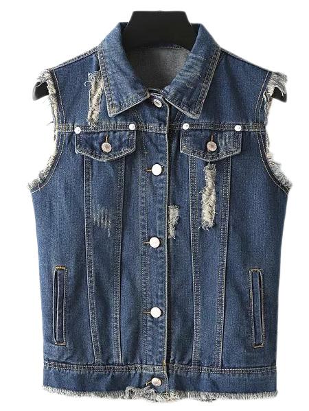 Romwe Blue Pockets Buttons Front Fringed Ripped Hole Denim Vest Outerwear