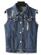 Romwe Blue Pockets Buttons Front Fringed Ripped Hole Denim Vest Outerwear