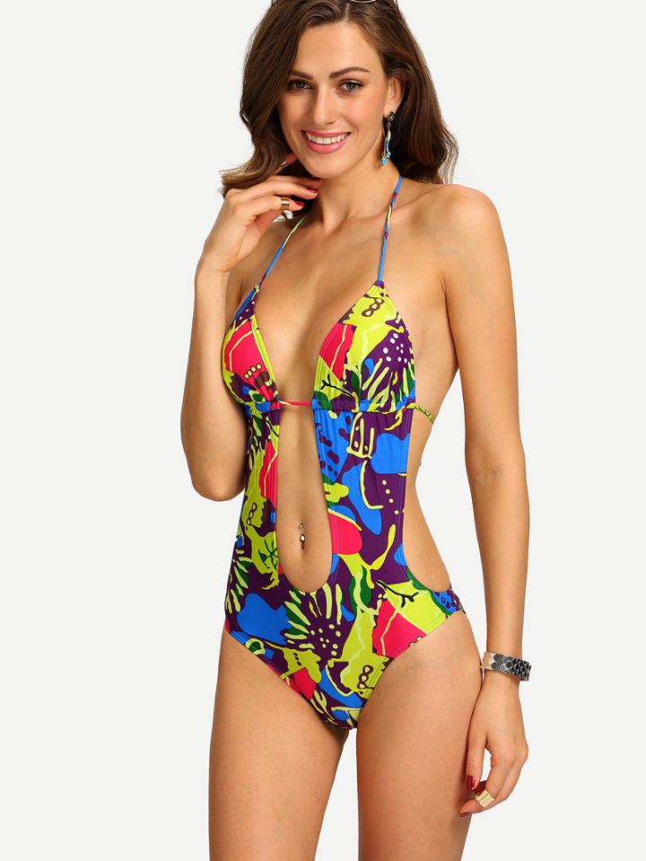 Romwe Multicolor Abstract Print Plunge Neck Monokini