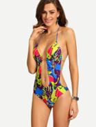 Romwe Multicolor Abstract Print Plunge Neck Monokini