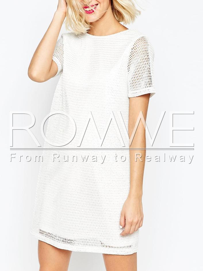 Romwe White Short Sleeve V Back Hollow Dress