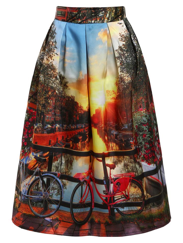 Romwe Oil Painting Print Box Pleat Midi Skirt