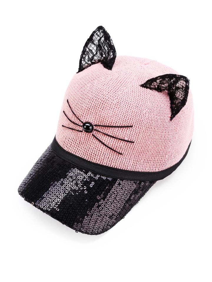 Romwe Two Tone Cat Ear Sequin Baseball Cap