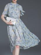 Romwe Multicolor Print Belted Cape A-line Dress
