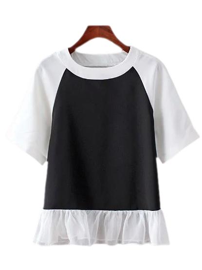 Romwe Black White Ruffle Hem Short Sleeve Blouse