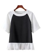 Romwe Black White Ruffle Hem Short Sleeve Blouse