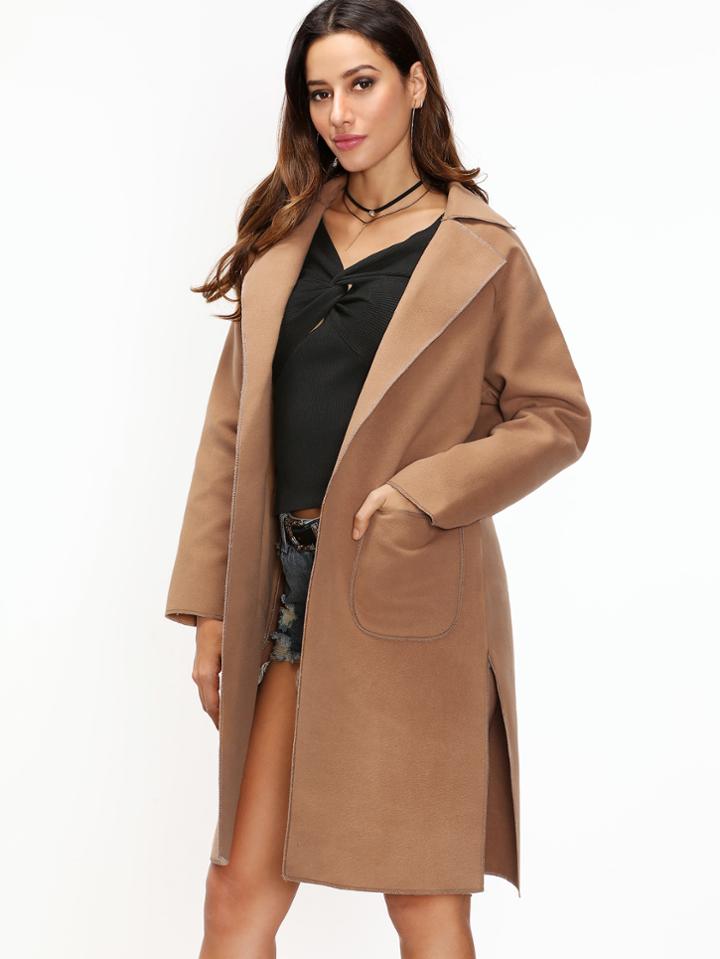 Romwe Khaki Raglan Sleeve High Split Side Pockets Coat