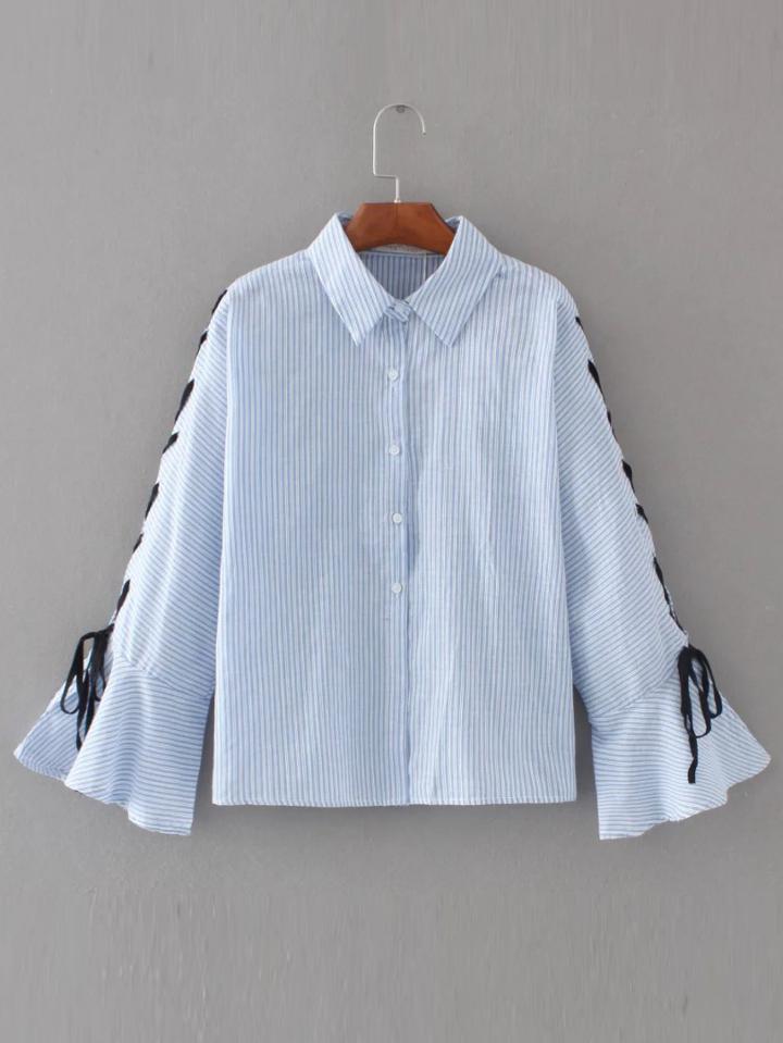 Romwe Blue Striped Lace Up Bell Sleeve Blouse