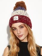 Romwe Red Colorblock Marled Pom Pom Applique Knit Hat