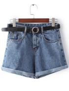 Romwe Dark Blue Pockets Roll Cuff Denim Shorts With Belt