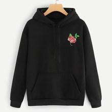 Romwe Floral Patched Drawstring Kangaroo Pocket Front Hoodie