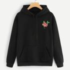 Romwe Floral Patched Drawstring Kangaroo Pocket Front Hoodie