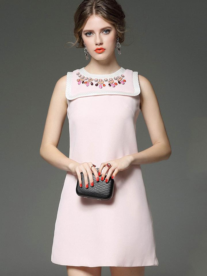 Romwe Pink Round Neck Sleeveless Beading Dress