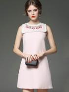 Romwe Pink Round Neck Sleeveless Beading Dress