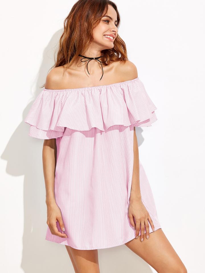 Romwe Flounce Off Shoulder Striped Dress